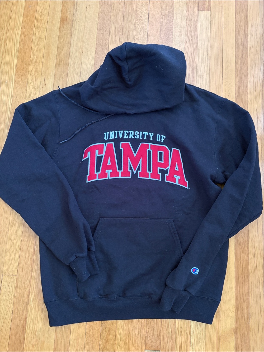 Champion Black Hoodie with Red stitched & White embroidered Tampa Lettering